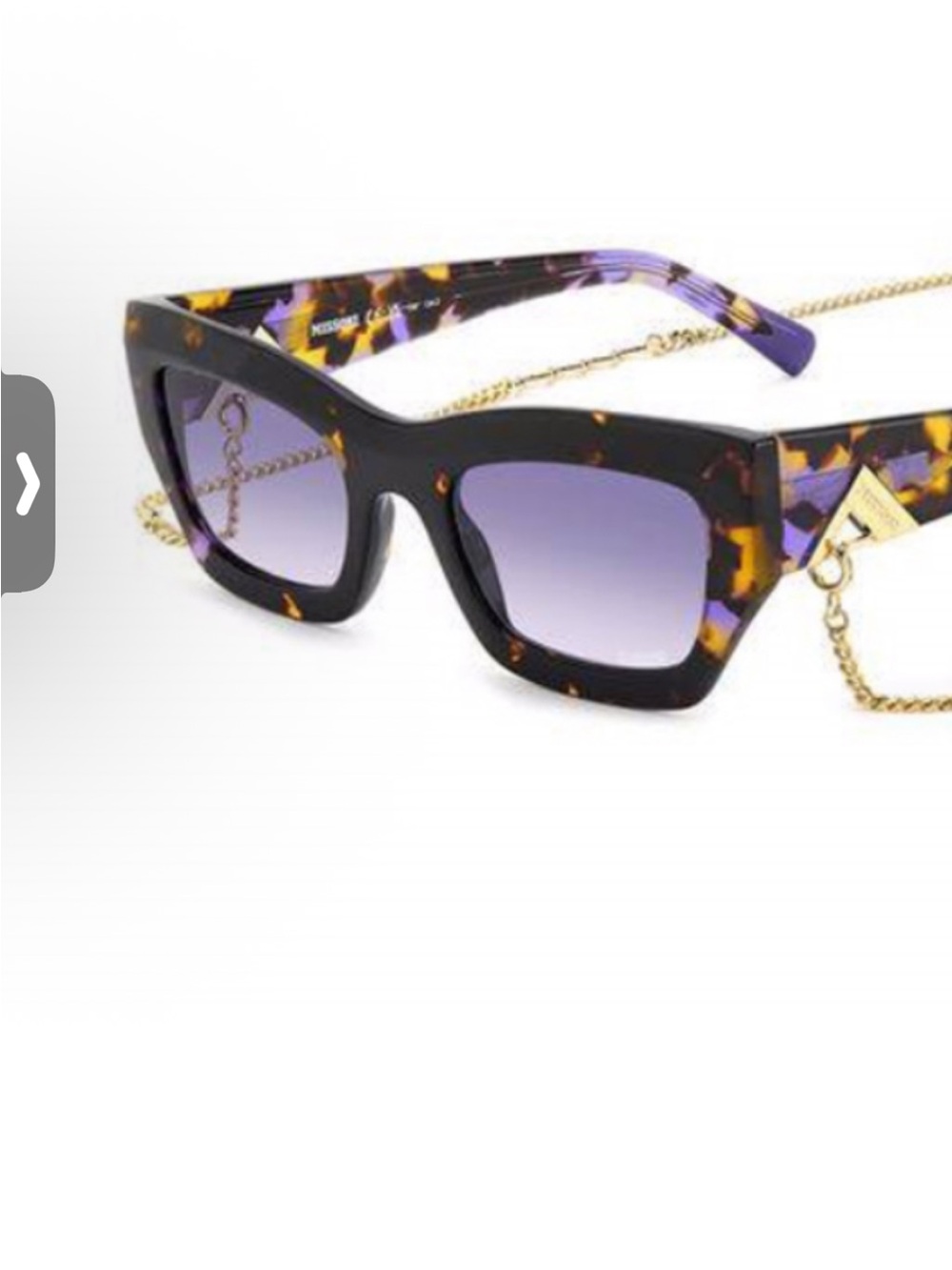 Missoni Tortoiseshell Sunglasses with Gold Chain and Purple Tint